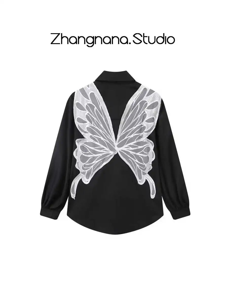 Women's Butterfly Embroidery Shirts and Blouses Y2k Long Sleeve Harajuku 2000s Women Vintage Sweet Shirt For Lady Blusas Tops