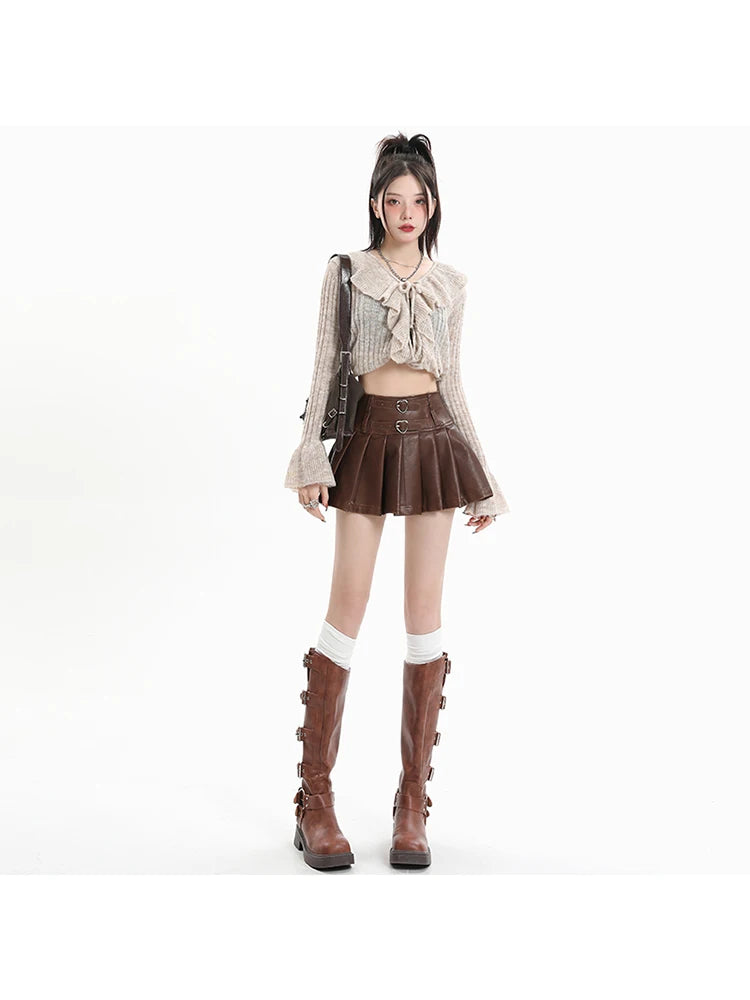 Women's Coffee Leather Pleated Skirt Harajuku Y2k 2000s Vintage Mini Skirt 90s Aesthetic Streetwear Fashion A-Line Skirt Clothes