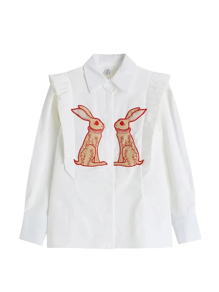 Women Vintage Rabbit Printed Shirt Single Breasted Streetwear Sweet Chic Fashion Oversized Loose Female All-match Blouses Tops