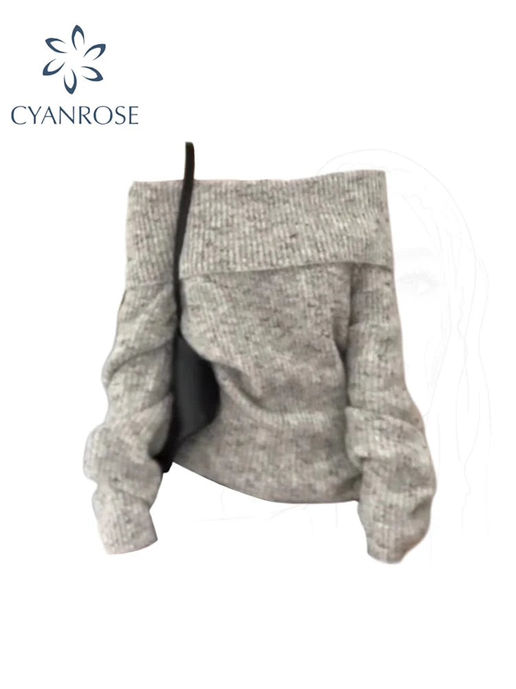 Women's Grey Pullover Sweater Harajuku Vintage Korean Y2k Long Sleeves Slash Neck Cashmere Sweaters Jumper 2000s Clothes Autumn