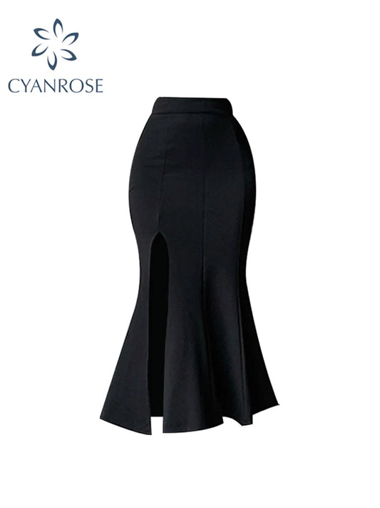 Fashion High Waist Midi Skirts For Women 2022 Autumn Slim Fit Hip Mermaid Skirt Woman Korean Style Ruffles Black Skirts Elegant