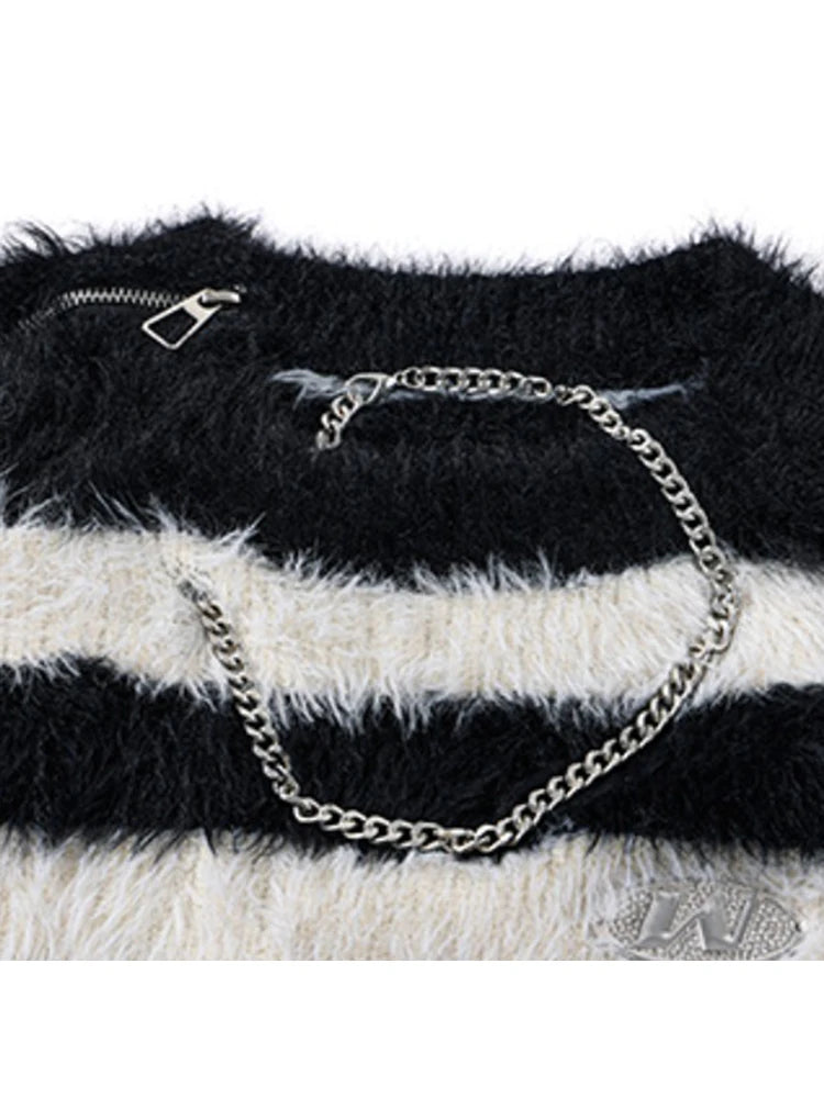 Women's Striped Pullover Mohair Sweater 90s Aesthetic Y2k Vintage Long Sleeves O-Neck Knitted Jumper Sweaters 2000s Clothes 2024