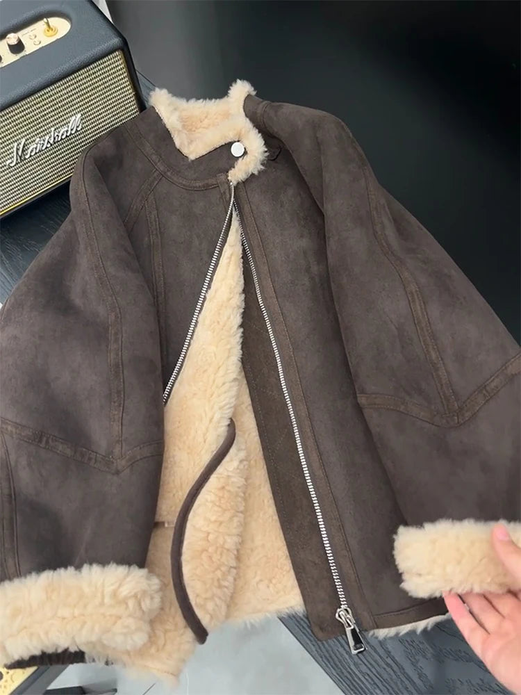 Women Coffee Shearling Jacket Coat Vintage Black Motorcycle Jacket 90s Fashion Streetwear Korean Loose Leather Outerwear Clothes