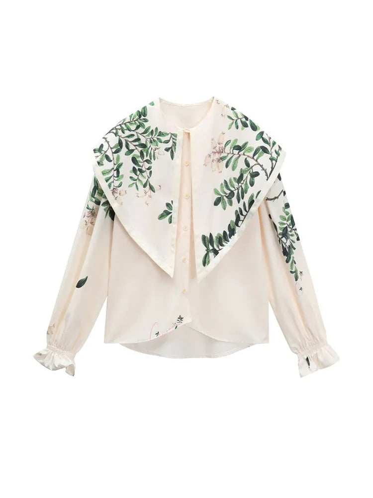 Korean Style Fashion Women Botany Print Shirt Doll Collar Casual Long-Sleeved Women 2022 Autumn New Blouses Chiffon Shirt