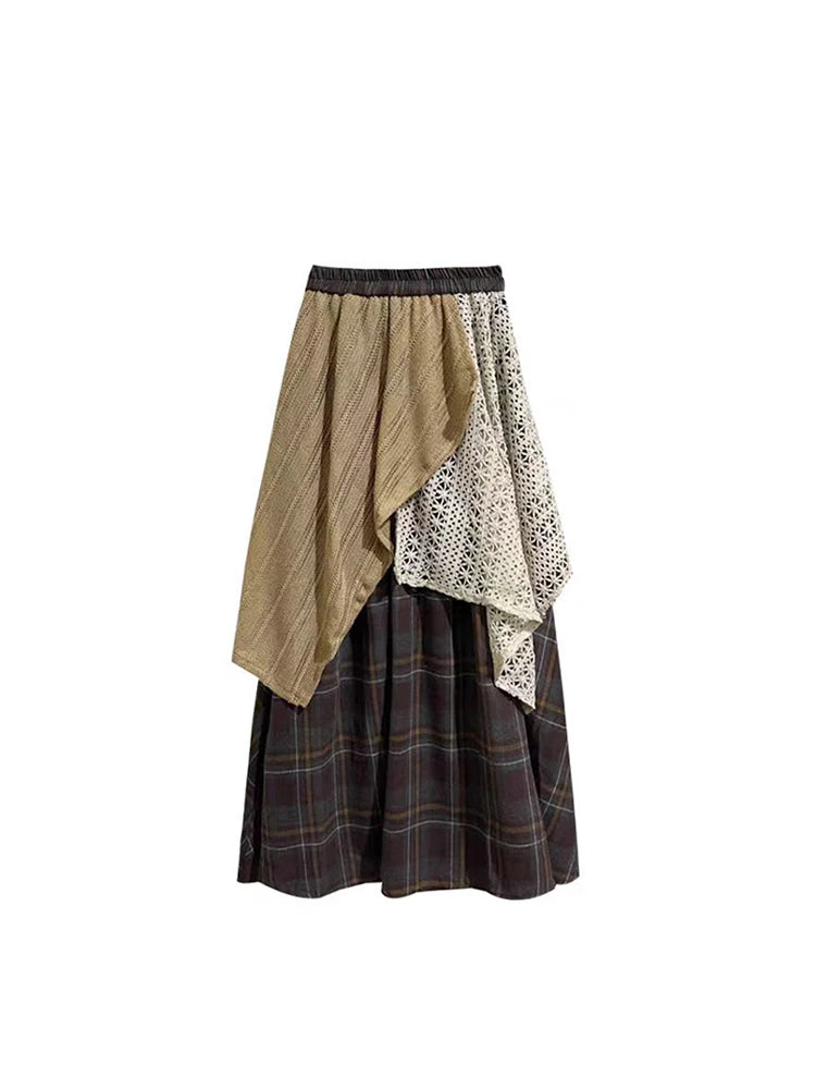 Women's Brown Patchwork A-line Plaid Skirt Y2k Long Skirts 90s Aesthetic Harajuku Korean Emo Skirt 2000s Vintage Fashion Clothes