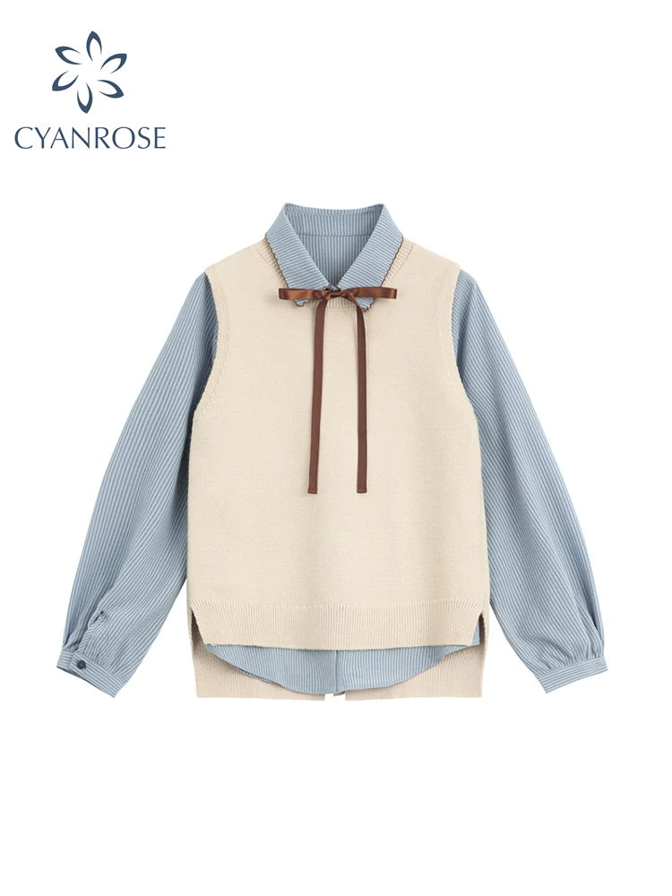 Preppy Bow Blouse & Vest Set Autumn Two-Piece
