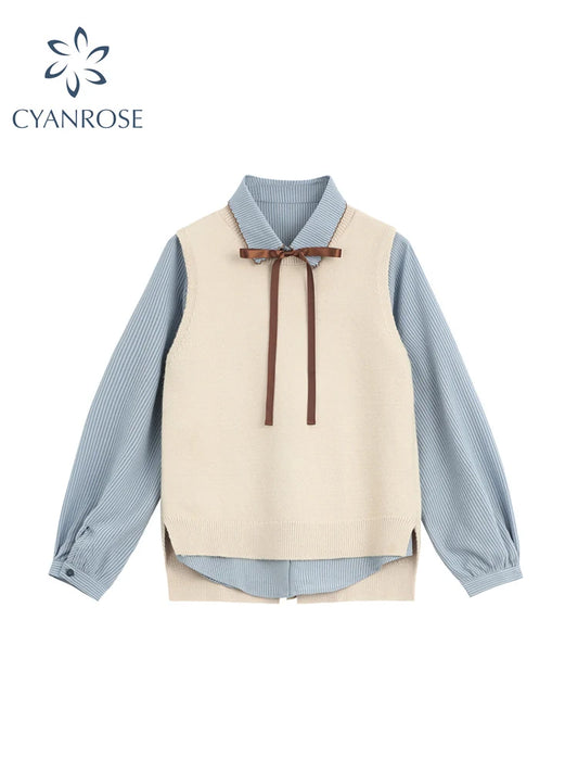 Preppy Bow Blouse & Vest Set Autumn Two-Piece