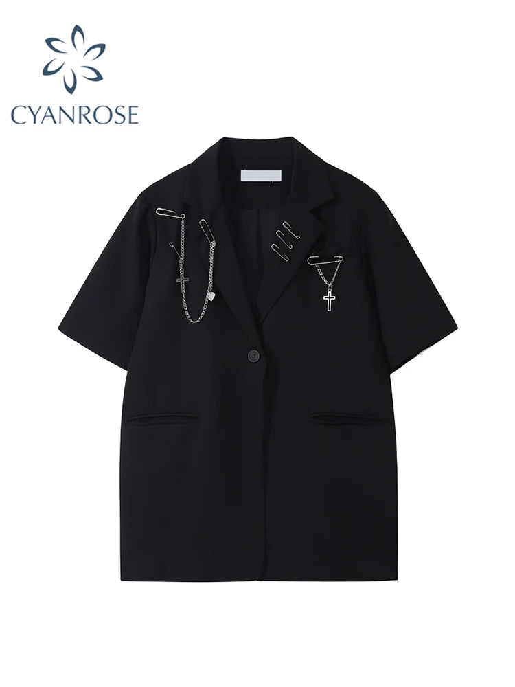 Gothic Punk Cardigan Black Blazer Jacket Coat Women 2022 Summer Short Sleeve High Street Fashion Outerwear Loose Chain Goth Tops