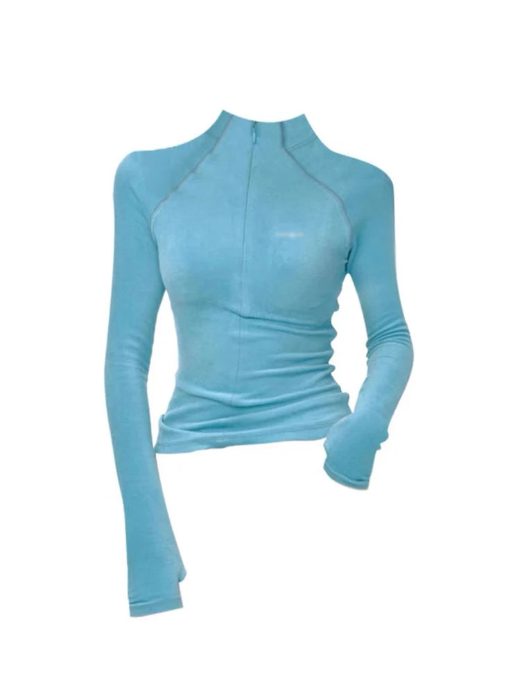 Women Lake Blue T-shirt Harajuku Korean Y2k Tees Top Vintage 90s Aesthetic Long Sleeve Turtleneck T-shirts 2000s Fashion Clothes