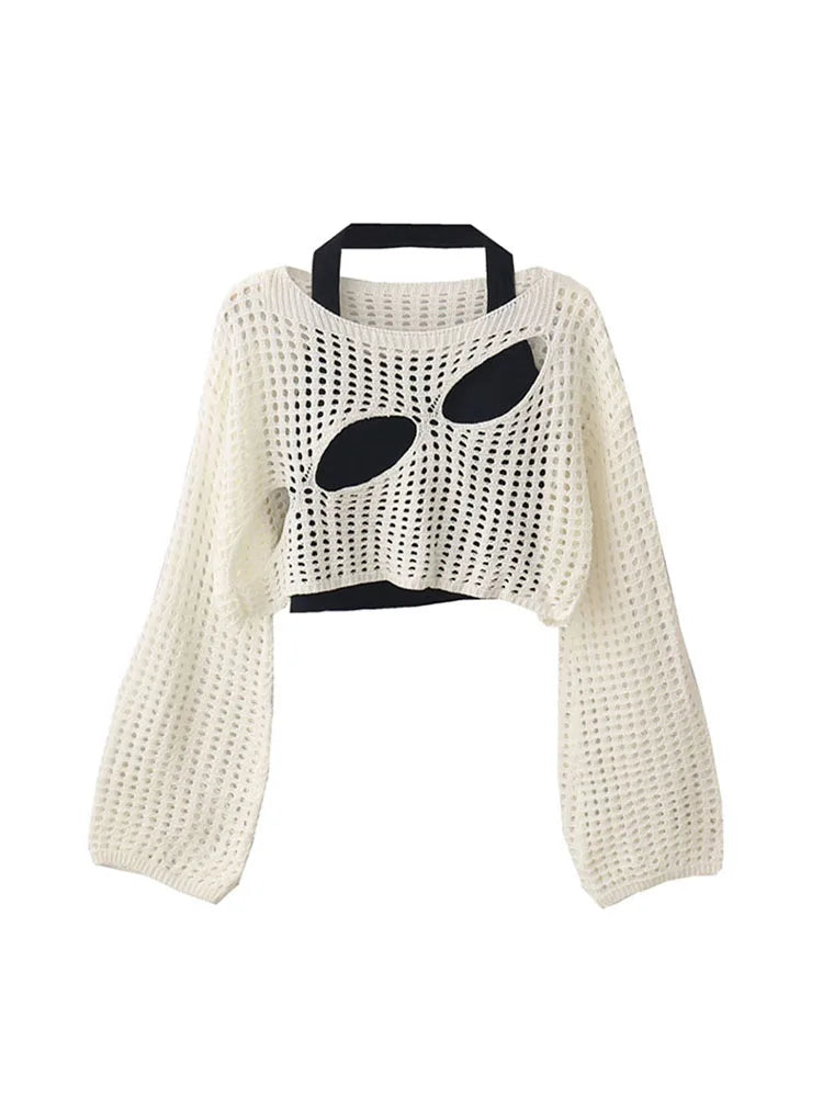 Women Knit O-Neck Pullovers Vintage Loose Long Sleeve Hollow Out Tops Summer Ladies Casual Y2K Clothes Shirts Sweater Knitwear