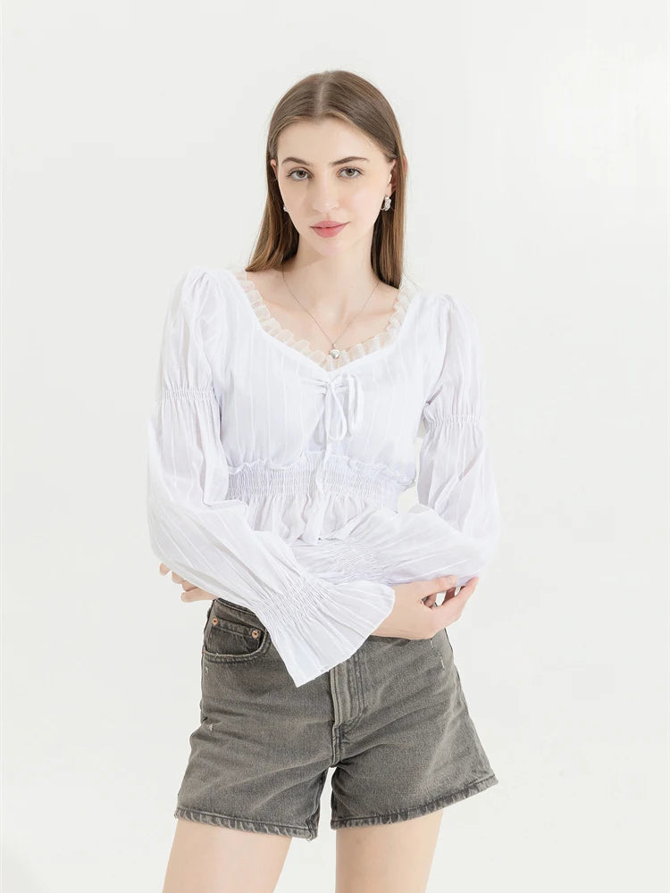 French Pleated Lantern Long Sleeve Shirt For Women's 2022 Spring And Autumn New Vintage White Square Collar Blouse Tops Female