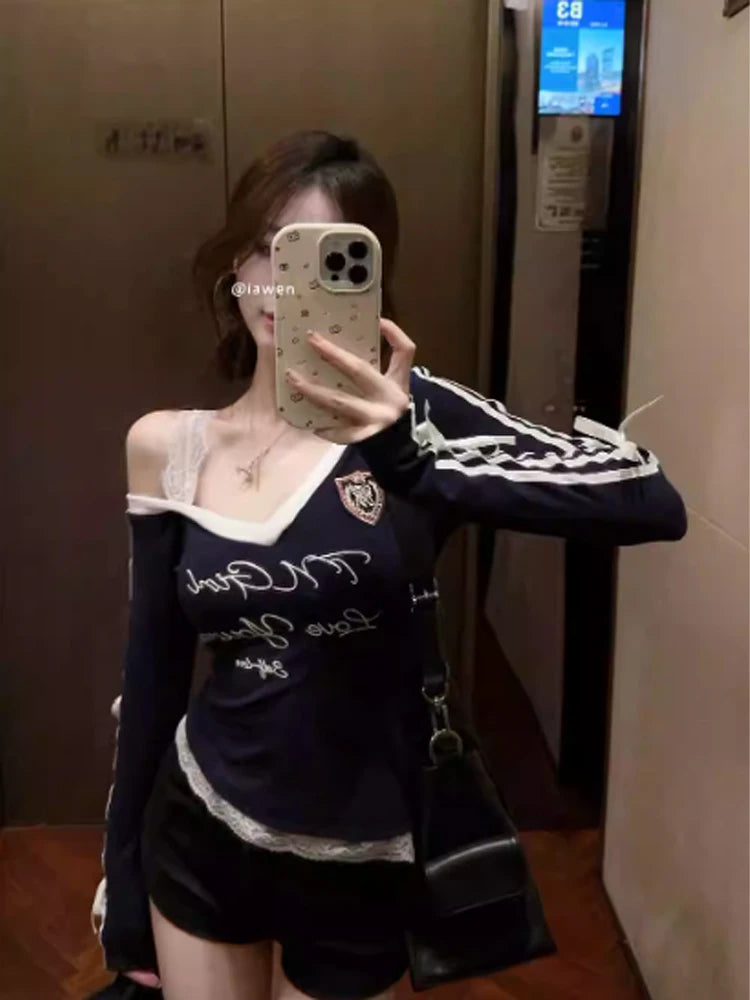 Women's Navy Lace T-shirt Harajuku Korean Y2k Tee Top Vintage 90s Off Shoulder Long Sleeve Letter Print T-shirts 2000s Clothes