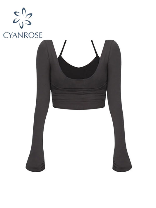 Korean Style Fashion Y2k 2 Piece T-shirt Women's Sexy Slim Long Sleeve Bottoming Tight Chic Thin Topos 2022 Autumn Winter New