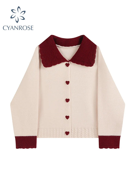 Women's Cashmere Sweater Loose Casual Turn-down Collar Single Breasted Knitted Pullovers Female Elegant Soft Sweet Retro Jumper