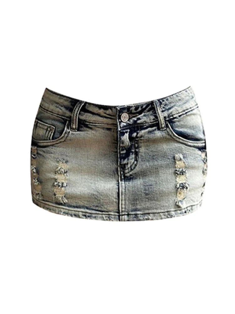 Women's Ripped A-Line Denim Skirts Y2k Harajuku Korean Cowboy Skirts Vintage 90s High Waist Jean Mini Skirt 2000s Trashy Clothes