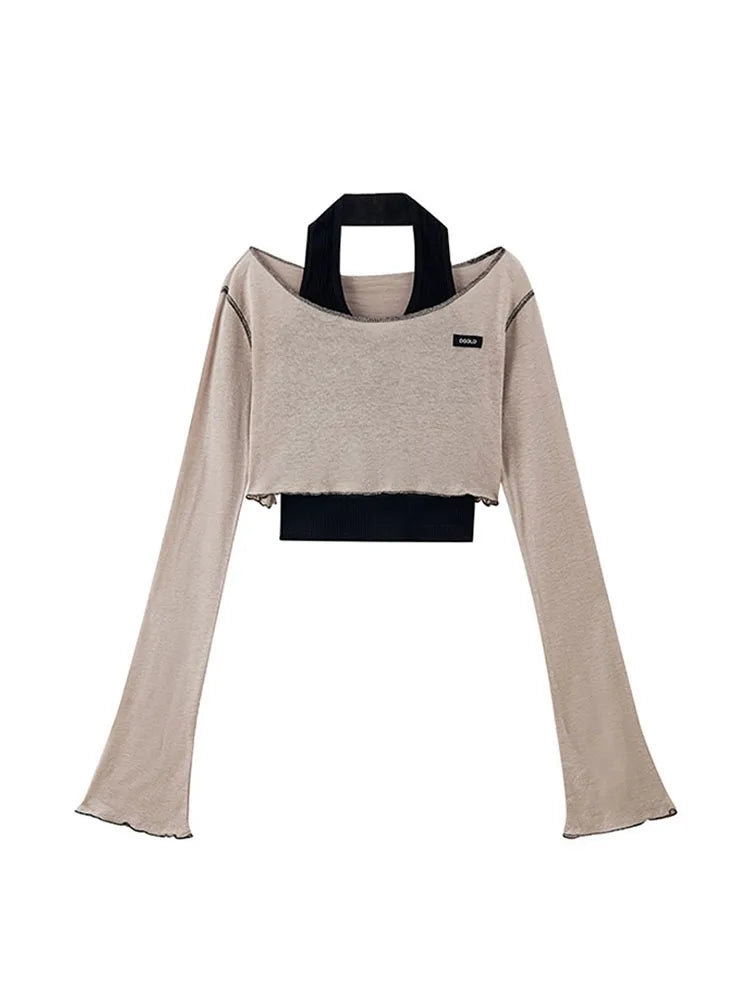 2022 Autumn Sexy See Trough Crop Top Y2K Vintage Harajuku Streetwear E-girl T-shirt Long Flare Sleeve Slim Fit Tee Women Clothes