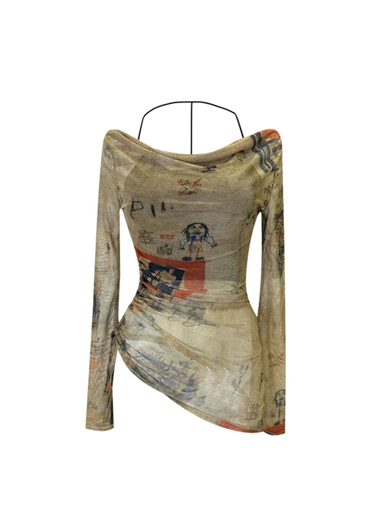 Women's Graphic Print T-Shirt Girl Harajuku Long Sleeve T-Shirt Streewear Vintage 90s Aesthetic Female Y2k Top Tee Clothes 2023