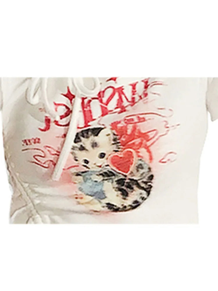 2022 Summer Women Sexy T-Shirts Print Crop Top Girls Short Sleeve Punk Harajuku Fashion Vintage Hollow Out O-neck Cute Tee Tops