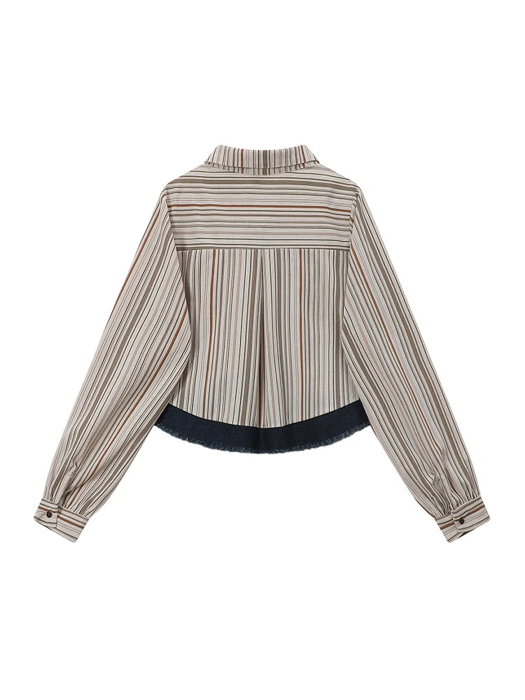 Women's Striped Shirts Blouses Y2k Aesthetic Streetwear Vintage Korean 2000s Elegant Long Sleeve Polo-Neck Shirt Clothes Summer