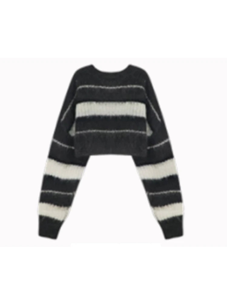 Women Dark Grey Striped Pullover Knit Sweater Harajuku Aesthetic Y2k Long Sleeves Sweaters Elegant Vintage 2000s Fashion Clothes