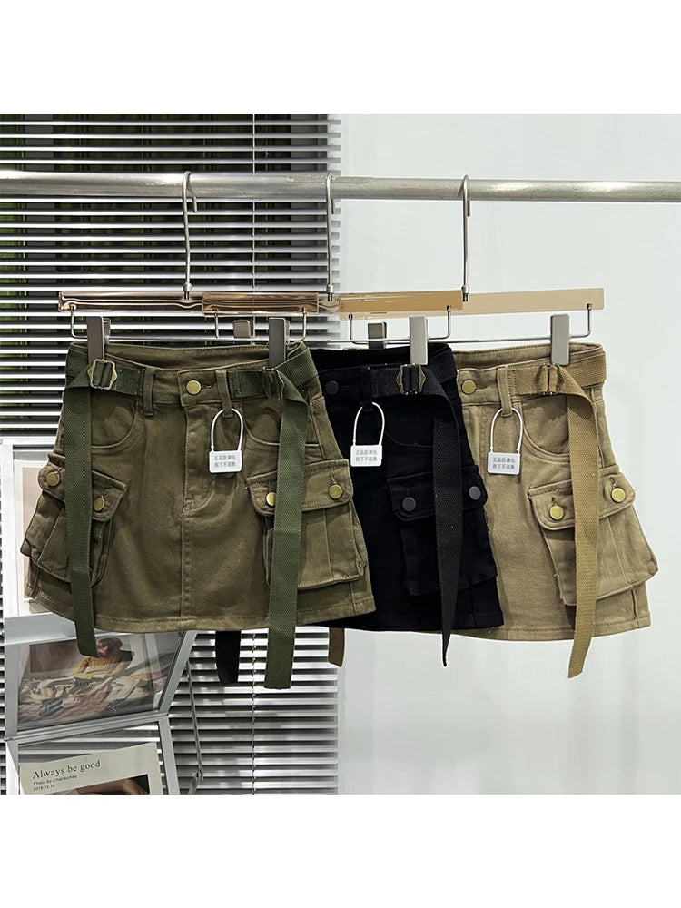Women Denim Cargo A-line Skirt Vintage Y2k Khaki Skirt Harajuku Korean Streetwear Fashion A-line Skirts Emo 2000s Trashy Clothes