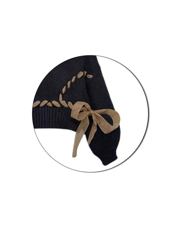 Women Black Gothic Pullover Sweater Harajuku Y2k Long Sleeves Lace-up Cashmere Knitted Sweaters Aesthetic Vintage 2000s Clothes