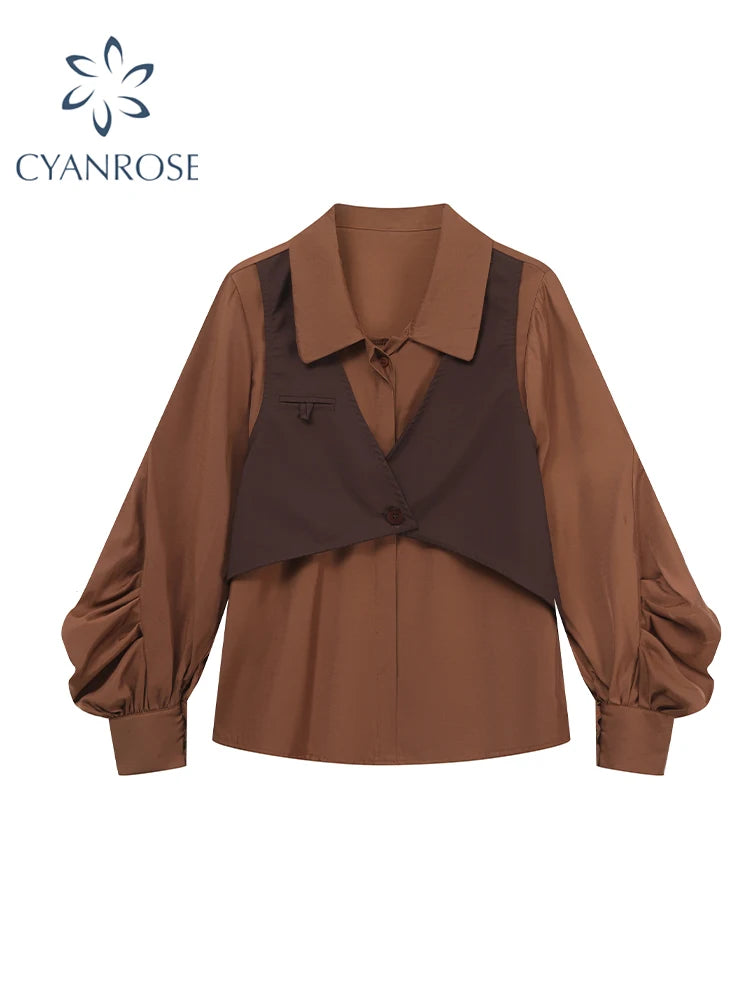 Women's Y2K Retro Coffee Brown Polo Neck Blouse - 90s-2000s Vintage Long Sleeve Elegant Top Autumn 2025