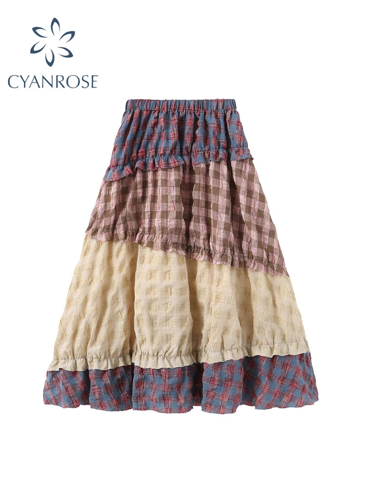 Women Black Gothic Y2k Patchwork Plaid Skirt Elegant Harajuku A-line Skirts 90s Aesthetic Vintage Long Skirt 2000s Clothes 2025