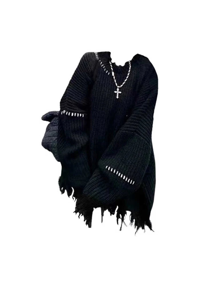 Women Black Gothic Pullover Sweater Harajuku Long Sleeves O-Neck Soft Knitted Sweaters Vintage 90s Y2k 2000s Clothes Autumn 2024