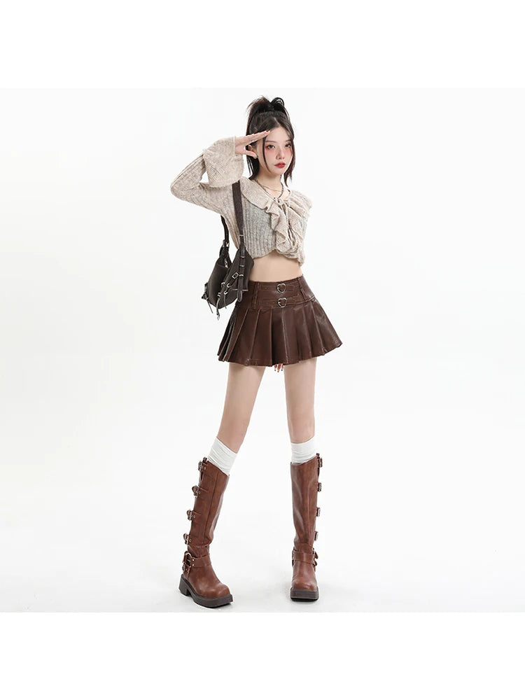 Women's Coffee Leather Pleated Skirt Harajuku Y2k 2000s Vintage Mini Skirt 90s Aesthetic Streetwear Fashion A-Line Skirt Clothes