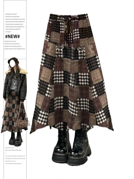 Women's Khaki Y2k Plaid Skirt Elegant Harajuku Long Skirts Streetwear 90s Aesthetic Vintage Patchwork Skirt 2000s Clothes 2025