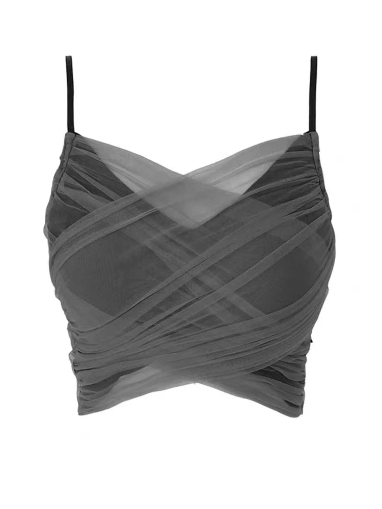 Women's Camisole Grey Gauze Patchwork Crop Top Vintage Y2k Summer Fashion Streetwear T-shirts Sexy Sleeveless Off Shoulder Vest