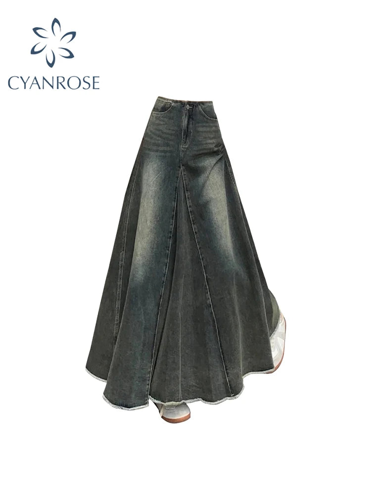 Women Blue Y2k A-line Jeans Skirt Elegant Harajuku Long Denim Skirts Streetwear 90s Aesthetic Vintage Cowboy Skirt 2000s Clothes
