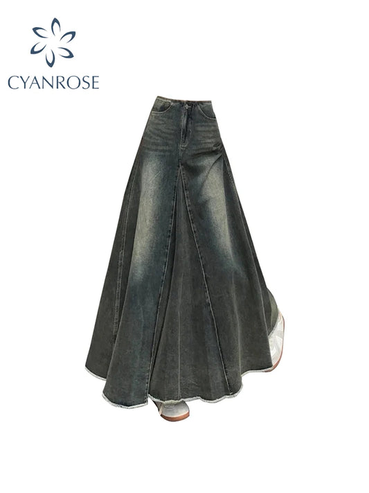 Women Blue Y2k A-line Jeans Skirt Elegant Harajuku Long Denim Skirts Streetwear 90s Aesthetic Vintage Cowboy Skirt 2000s Clothes