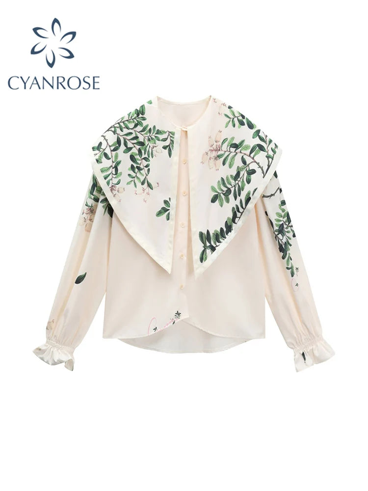 Korean Style Fashion Women Botany Print Shirt Doll Collar Casual Long-Sleeved Women 2022 Autumn New Blouses Chiffon Shirt