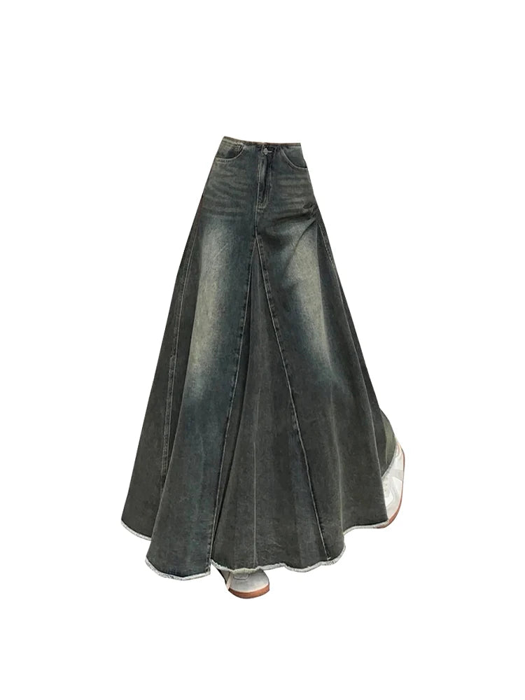 Women Blue Y2k A-line Jeans Skirt Elegant Harajuku Long Denim Skirts Streetwear 90s Aesthetic Vintage Cowboy Skirt 2000s Clothes
