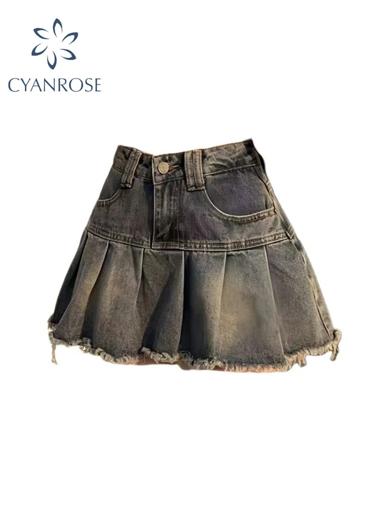 Women's Blue A-line Denim Pleated Skirt Vintage Aesthetic Streetwear Y2k Jeans Skirt Harajuku Korean Skirts 2000s Clothes Summer