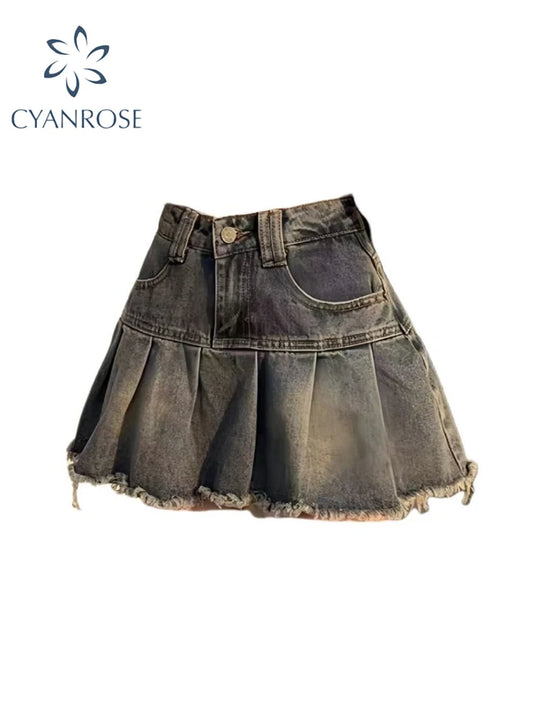 Women's Blue A-line Denim Pleated Skirt Vintage Aesthetic Streetwear Y2k Jeans Skirt Harajuku Korean Skirts 2000s Clothes Summer