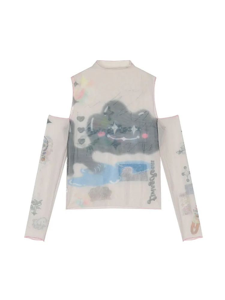 Off Shoulder Mesh Tees Hand-Painted Streetwear Sexy Slim Bodycon T Shirt Female Long Sleeve 2022 Chic Elastic Party Ins Tide Top