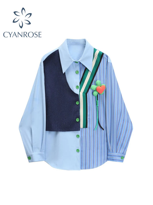 Elegant Women's Fake Two Pieces Striped Patchwork Shirt Chic Vintage Blouses Casual Lapel Collar Long Sleeve Loose Blouse Female