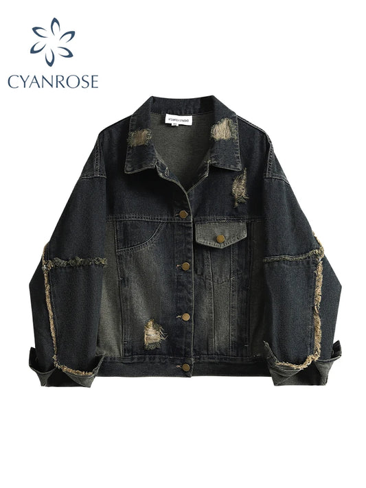 Women's Ripped Denim Jacket Korean Style Long Sleeve Denim Coat Female Fashion Streetwear Harajuku Vintage Outerwear Top Clothes
