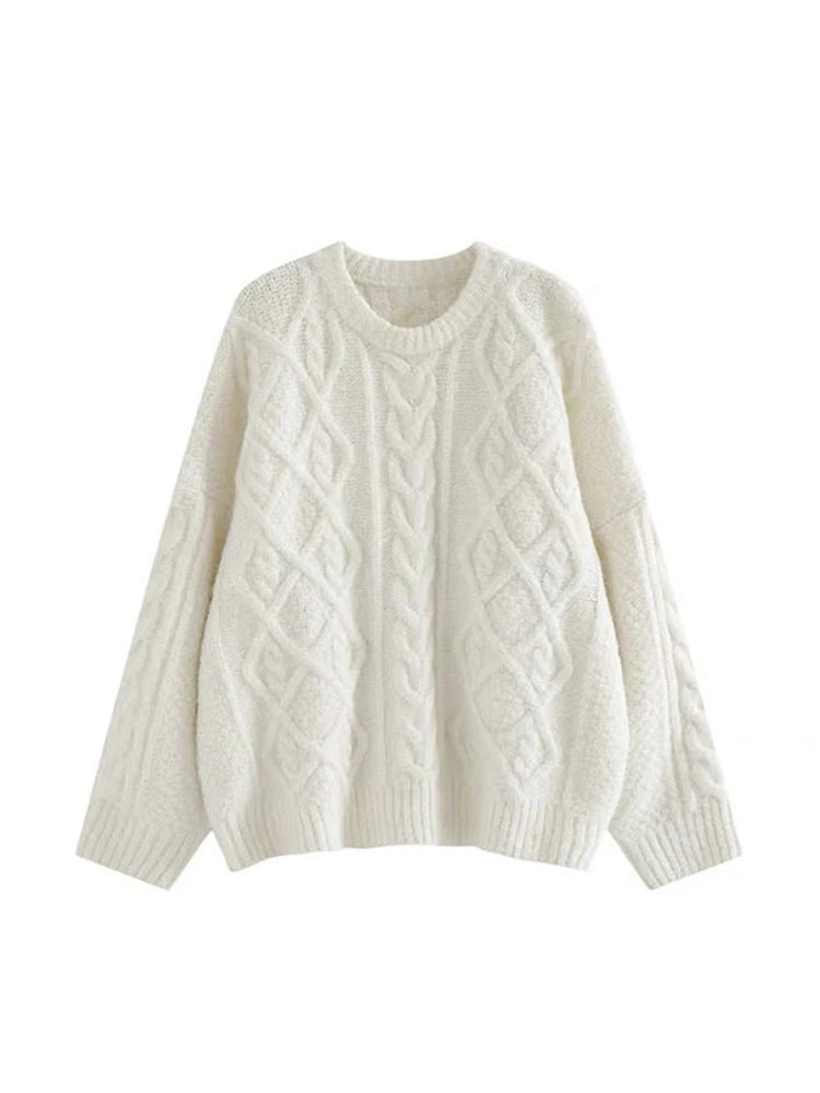 Women Off White Pullover Knit Sweater Harajuku Aesthetic Y2k Long Sleeves O-Neck Sweaters Elegant Vintage 2000s Fashion Clothes