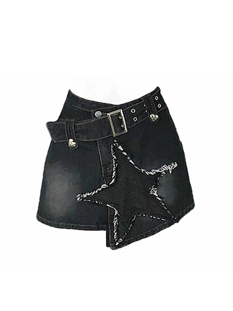 Women's Black Gothic A-line Denim Star Skirt Vintage 90s Aesthetic Y2k Mini Cowboy Skirt Harajuku Jeans Skirts Emo 2000s Clothes