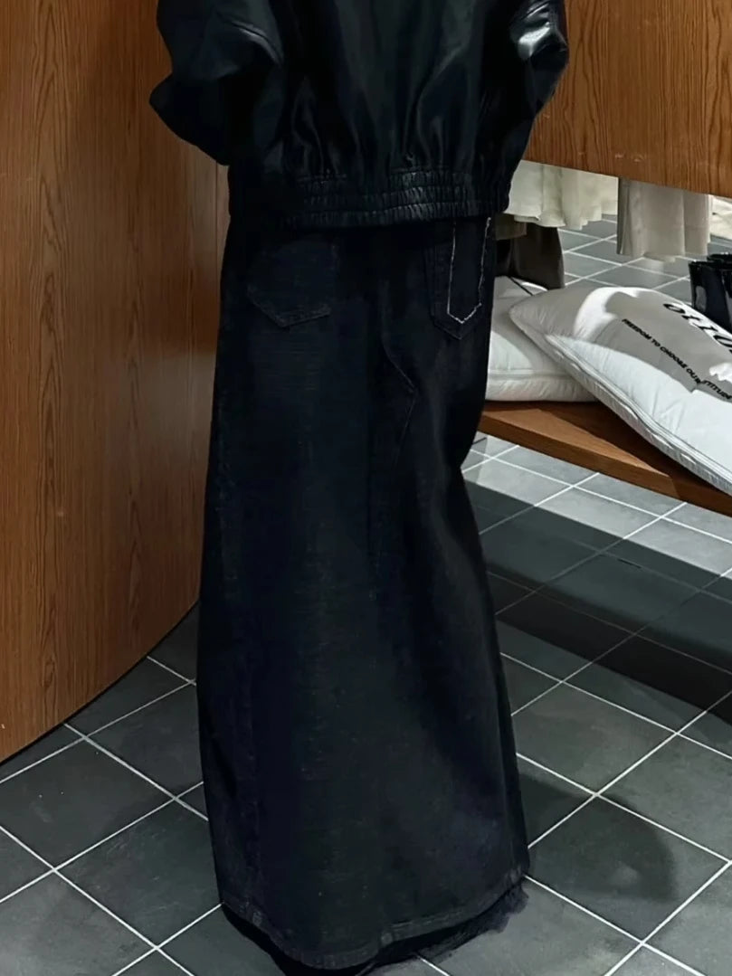 Women Black Y2k A-line Jeans Skirt Patchwork Harajuku Long Denim Skirts Streetwear 90s Aesthetic Vintage Cowboy Skirt 2000s