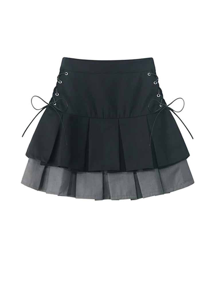 Women's Pleated Skirt Kawaii Gothic Black Mini Skirt Korean High Waist Y2k Harajuku Vintage Bandage A-line Skirt Clothes Summer