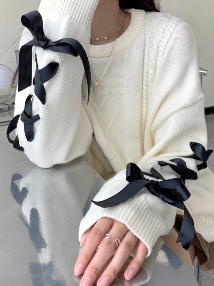 Women's Lace-up White Pullover Knitted Sweater Harajuku Y2k Long Sleeves O-Neck Sweater Jumper Vintage 2000s Aesthetic Clothes