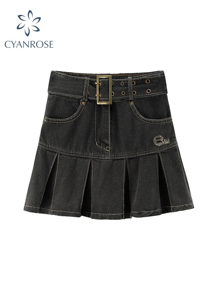 2022 Spring Women's High Waist Denim Mini Pleated Skirt Harajuku Streetwear Vintage Loose Casual Ladies Y2K A-line Short Skirts