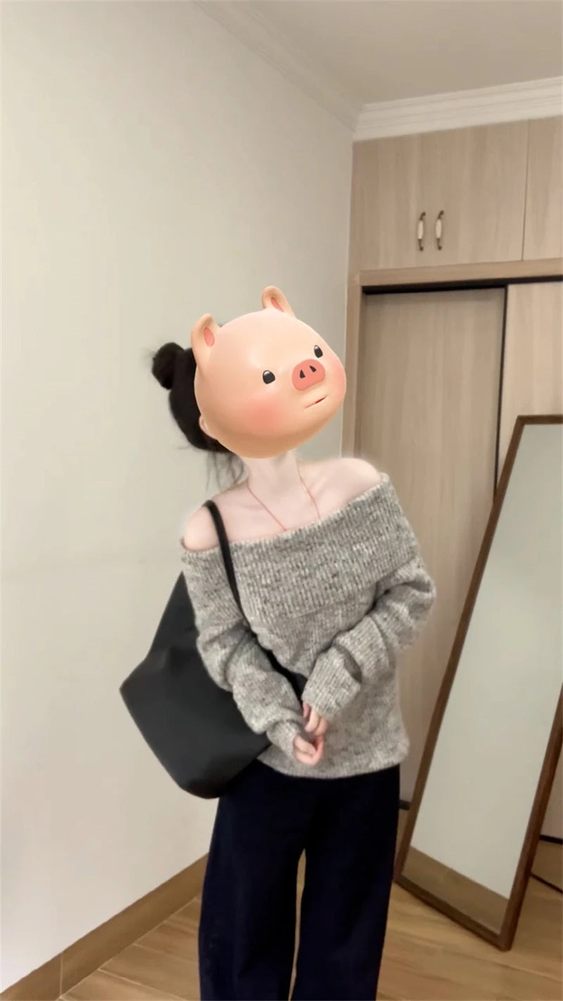 Women's Grey Pullover Sweater Harajuku Vintage Korean Y2k Long Sleeves Slash Neck Cashmere Sweaters Jumper 2000s Clothes Autumn