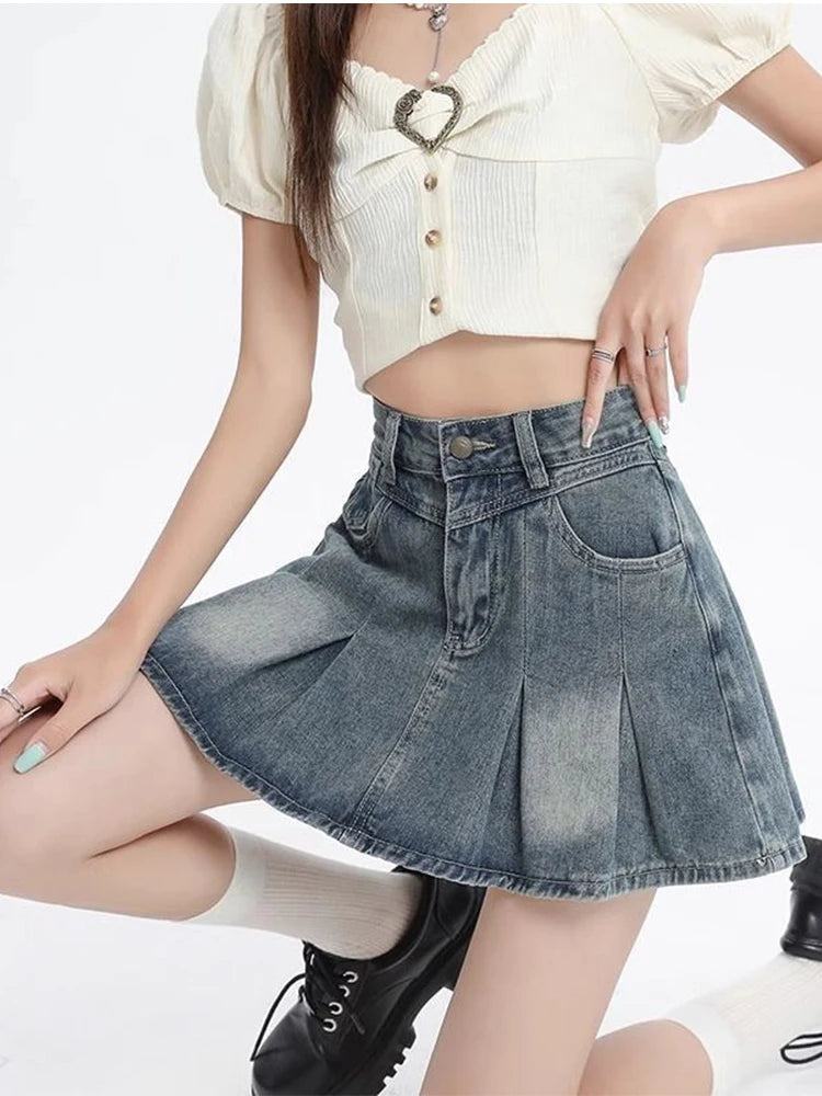 Women's Blue A-line Denim Pleated Skirt Vintage 90s Aesthetic Y2k Jean Skirt Harajuku Korean Cowboy Skirts 2000s Clothes Summer