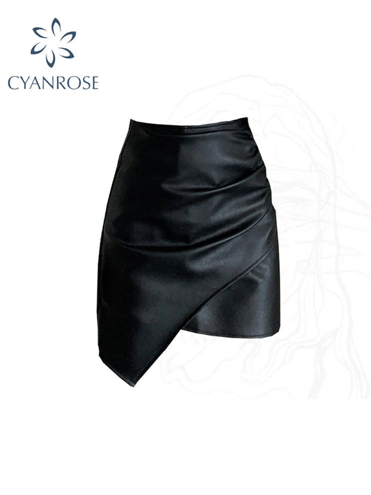 Women Black Goth Leather Skirt Vintage Y2k Oversize Mini Skirts Harajuku Aesthetic Elegant Korean Emo Skirt 2000s Clothes Summer